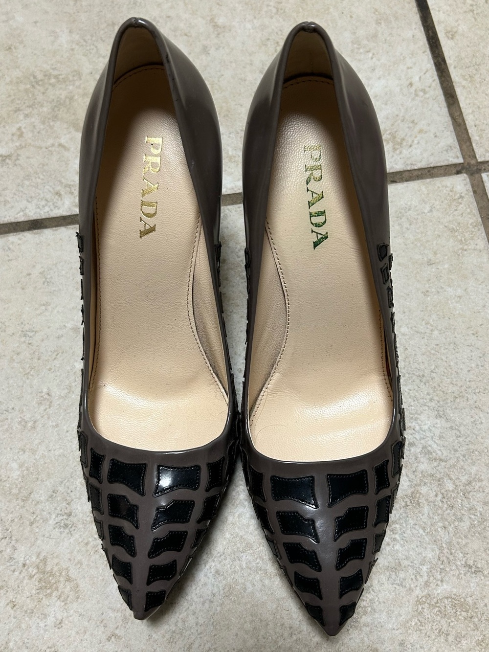 Prada Taupe Leather Pointed Toe Pumps with Black Cutout Pattern